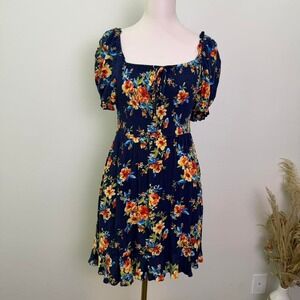 BOG Collective Size Small Navy Floral Puff Sleeve Milkmaid Mini Dress Boho